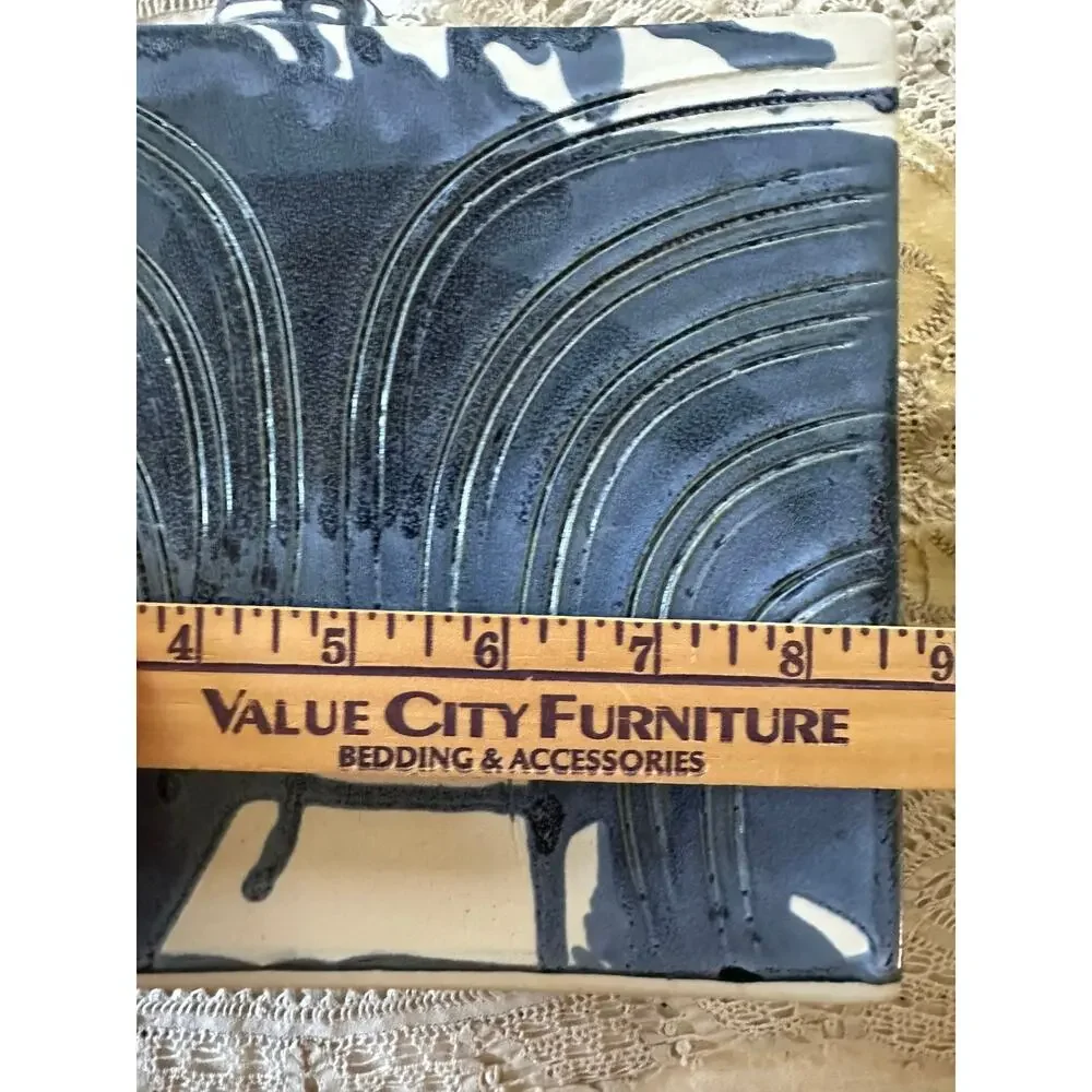 Blue Swirl Vase Rectangle Hand painted signed modern one flower 7x8.5x2.5”Asian